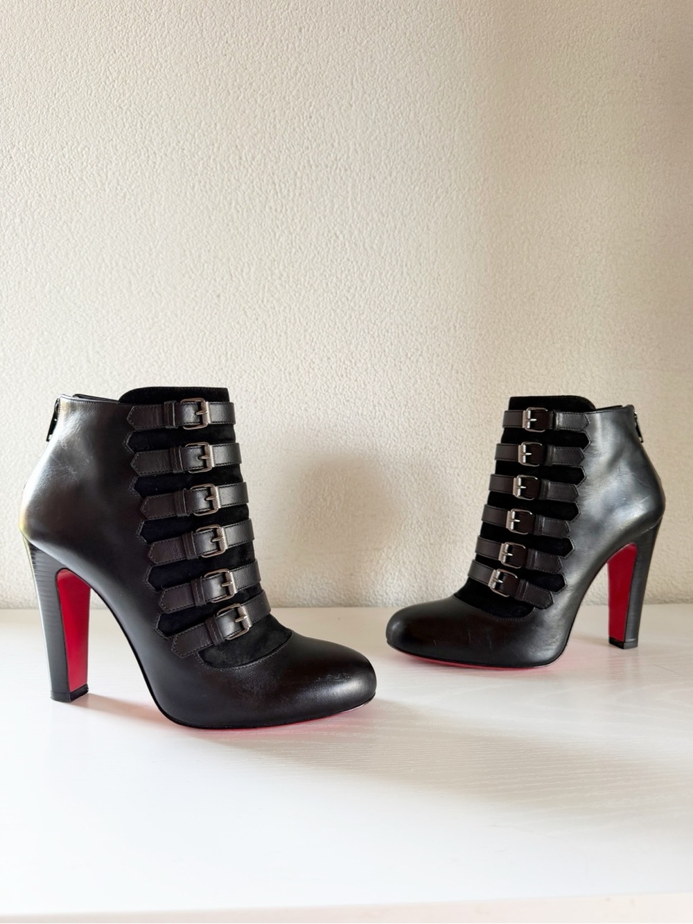 Christian Louboutin Attrroupee Black Leather Suede Buckle Ankle Boots EU 38.5